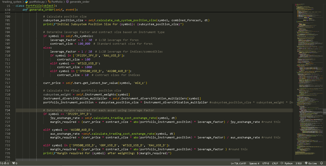 Python trading system code used to generate automated orders
